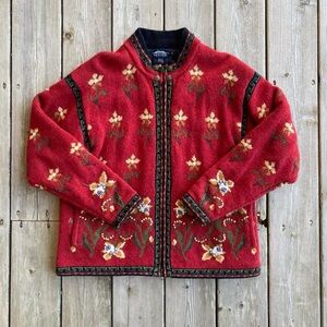 Vintage Icelandic Design Wool Red Floral Embroidered Zip Up Jacket